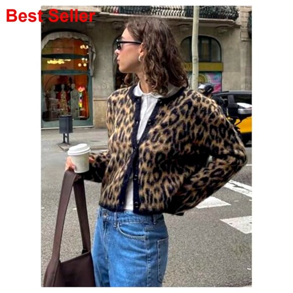 Leopard Print Cardigan Sweater, Button Down Fuzzy Knit, Long Sleeve Women's - Picture 2 of 6